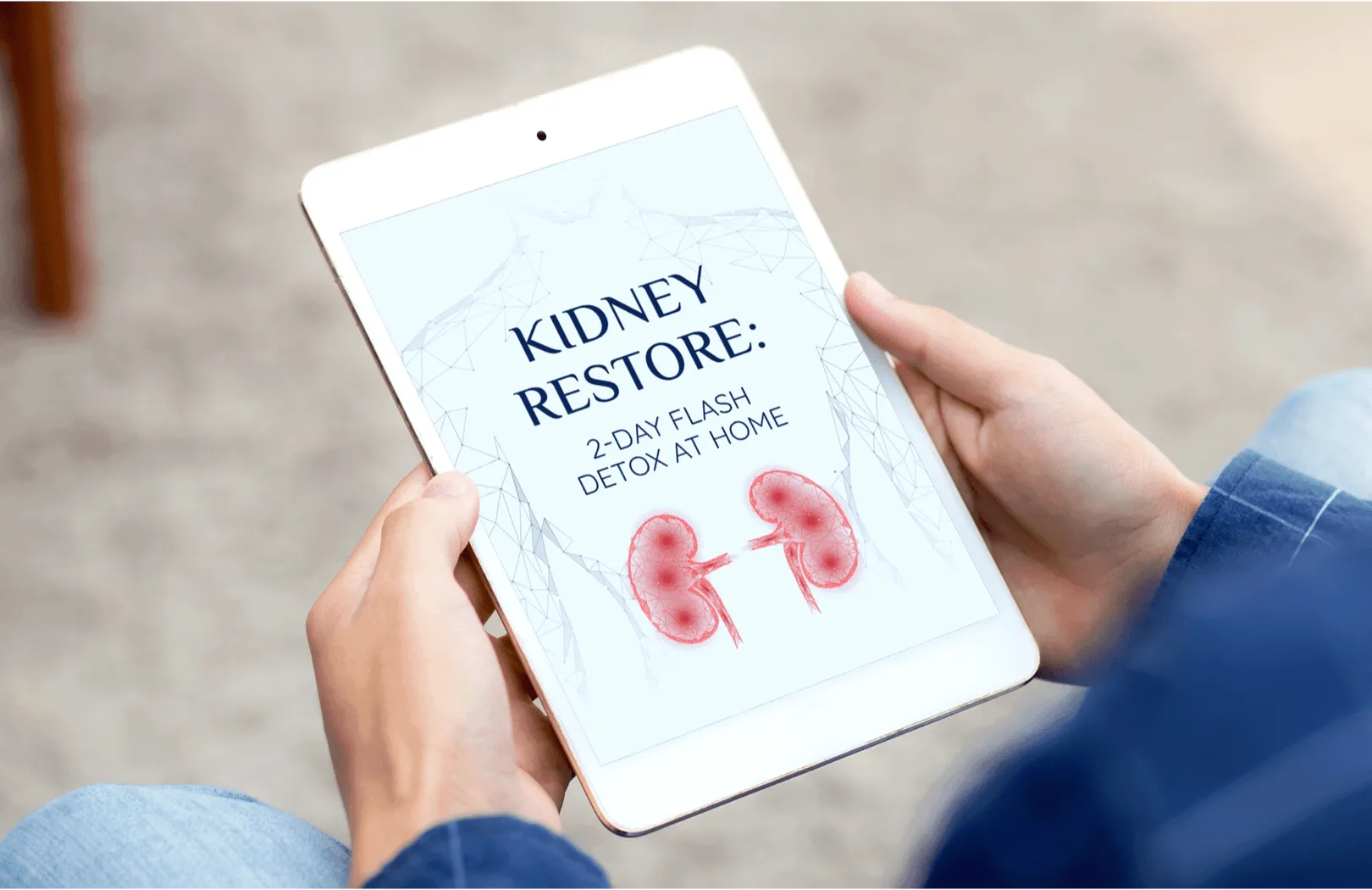 Tablet displaying kidney restore detox ebook bonus included with Prostadine purchase
