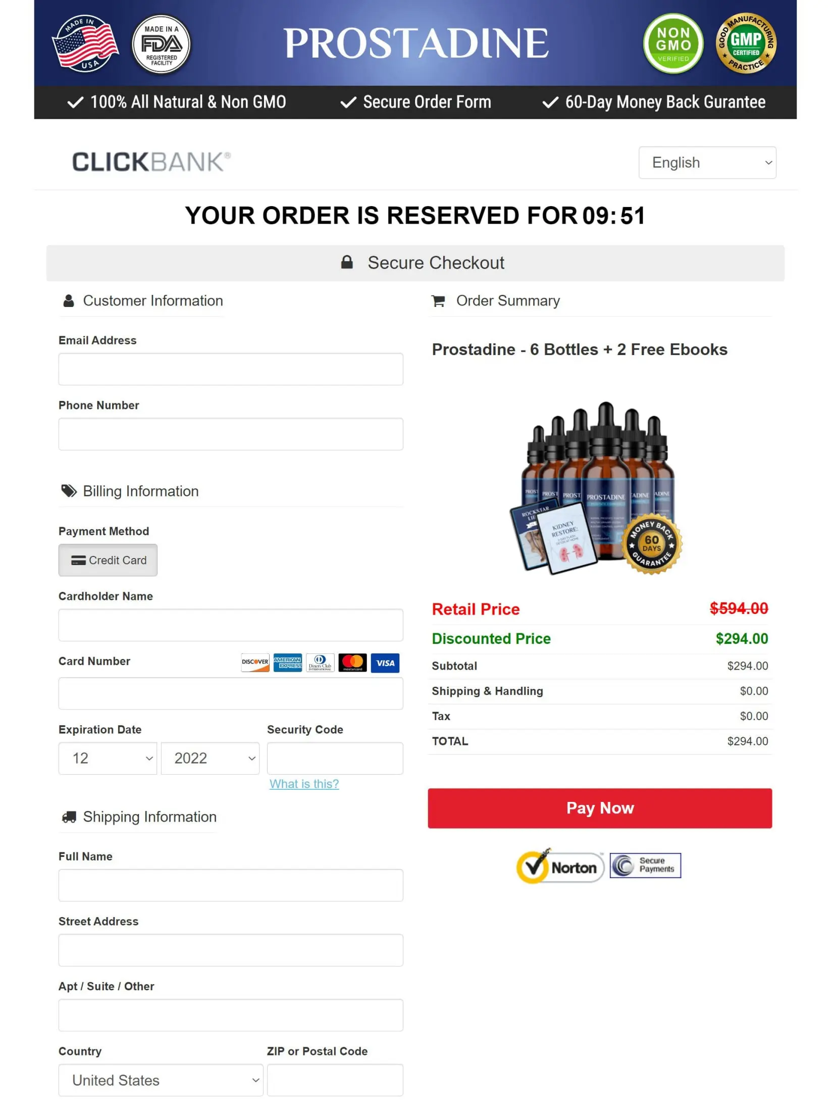 Prostadine secure checkout page showing order summary pricing and payment form